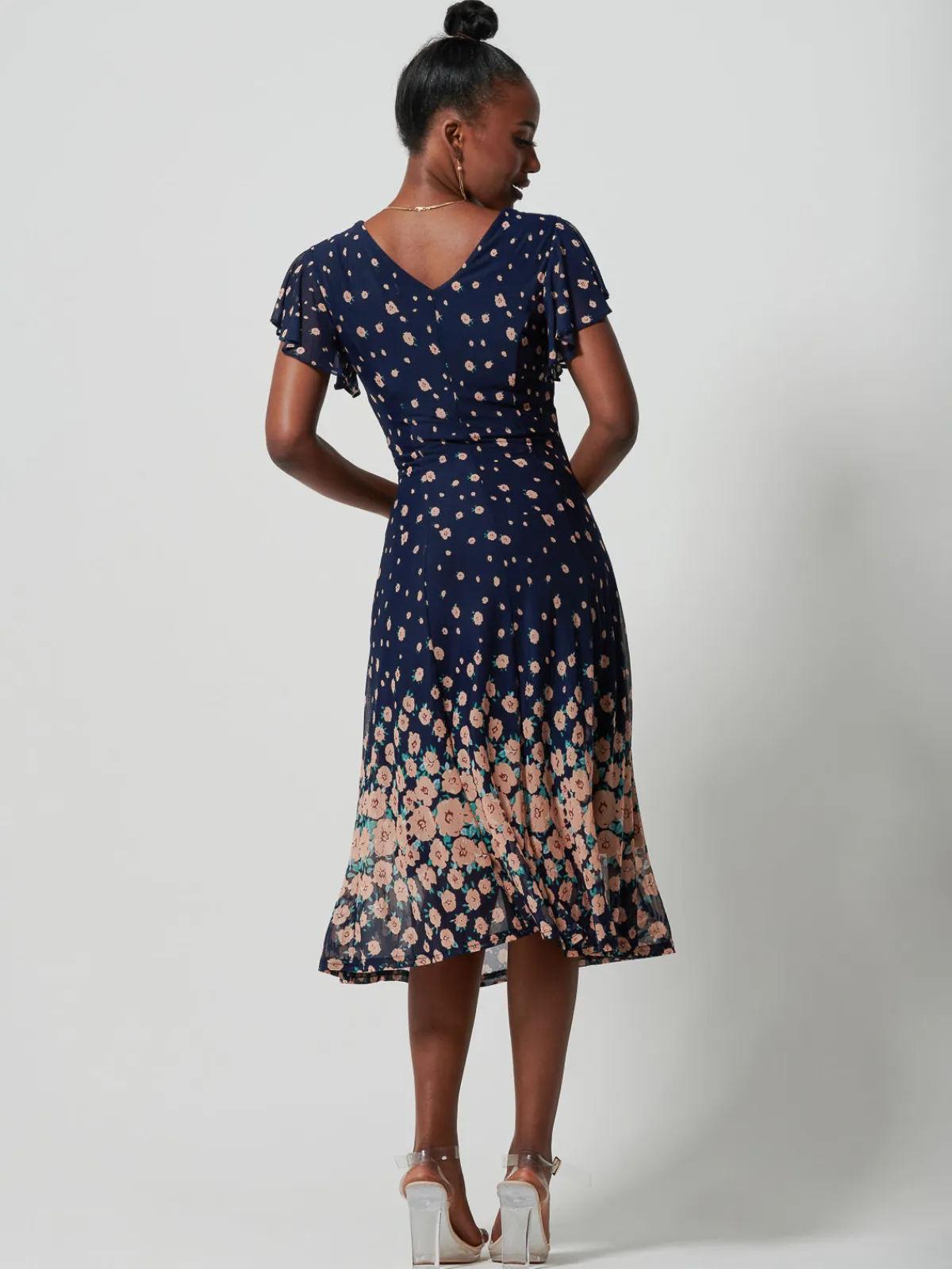 Jolie Moi Occasion Dresses|Floral Dresses-Mirrored Mesh Fit & Flare Midi Dress, Navy Floral