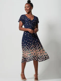 Jolie Moi Occasion Dresses|Floral Dresses-Mirrored Mesh Fit & Flare Midi Dress, Navy Floral