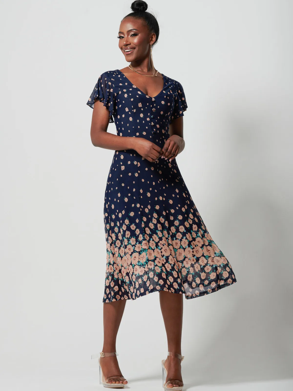 Jolie Moi Occasion Dresses|Floral Dresses-Mirrored Mesh Fit & Flare Midi Dress, Navy Floral