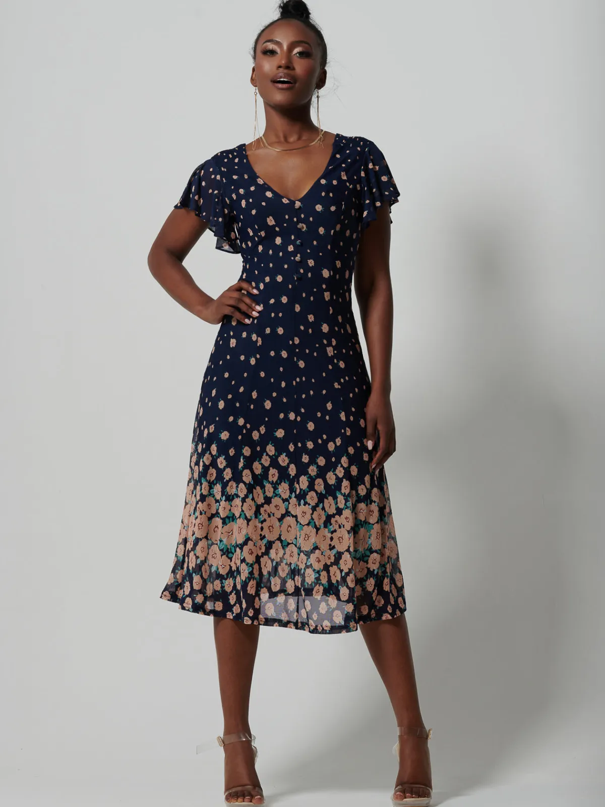 Jolie Moi Occasion Dresses|Floral Dresses-Mirrored Mesh Fit & Flare Midi Dress, Navy Floral