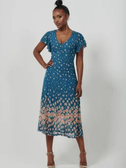 Jolie Moi Occasion Dresses|Mesh Dresses-Mirrored Mesh Fit & Flare Midi Dress, Teal floral