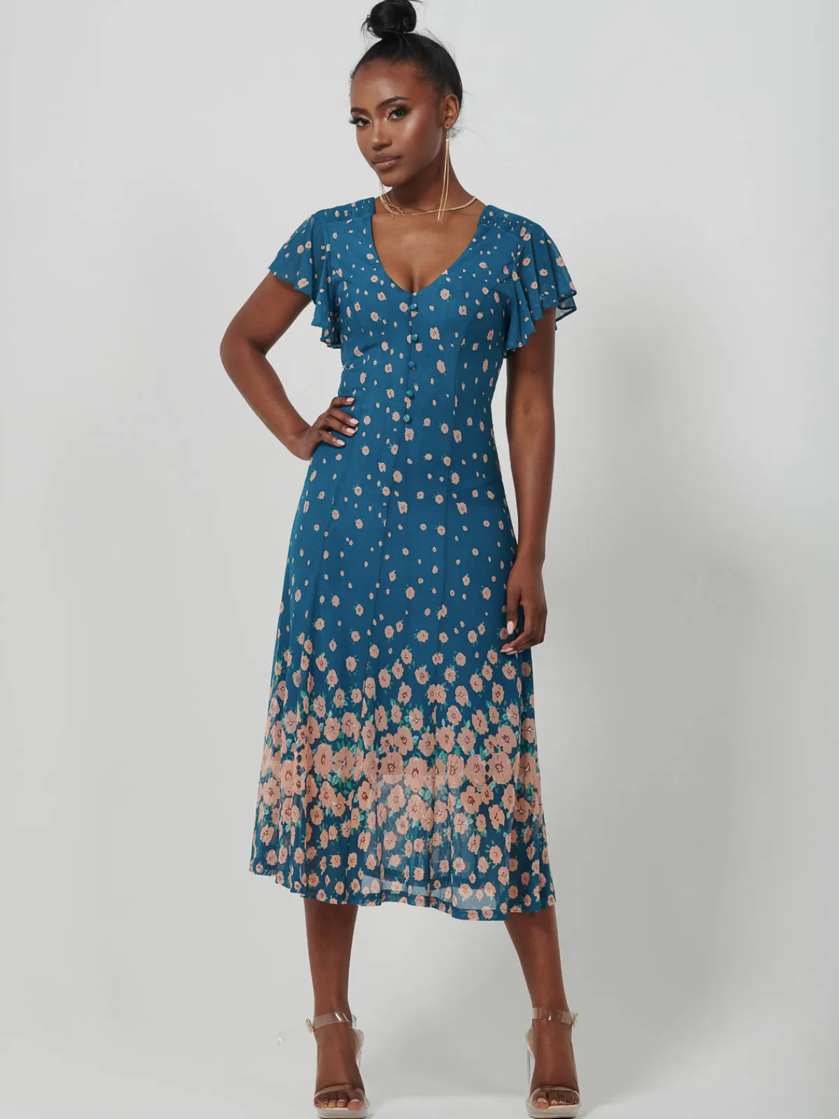 Jolie Moi Occasion Dresses|Mesh Dresses-Mirrored Mesh Fit & Flare Midi Dress, Teal floral