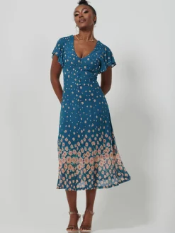 Jolie Moi Occasion Dresses|Mesh Dresses-Mirrored Mesh Fit & Flare Midi Dress, Teal floral