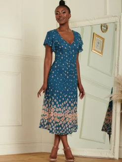 Jolie Moi Occasion Dresses|Mesh Dresses-Mirrored Mesh Fit & Flare Midi Dress, Teal floral