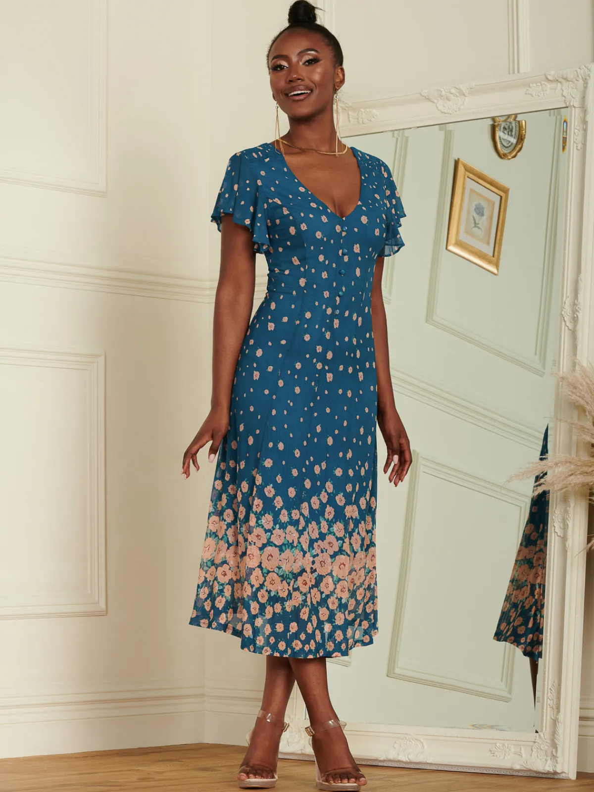 Jolie Moi Occasion Dresses|Mesh Dresses-Mirrored Mesh Fit & Flare Midi Dress, Teal floral