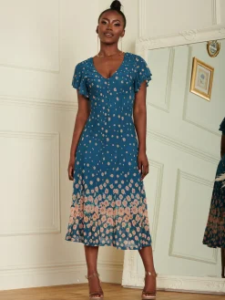 Jolie Moi Occasion Dresses|Mesh Dresses-Mirrored Mesh Fit & Flare Midi Dress, Teal floral
