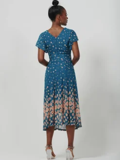 Jolie Moi Occasion Dresses|Mesh Dresses-Mirrored Mesh Fit & Flare Midi Dress, Teal floral