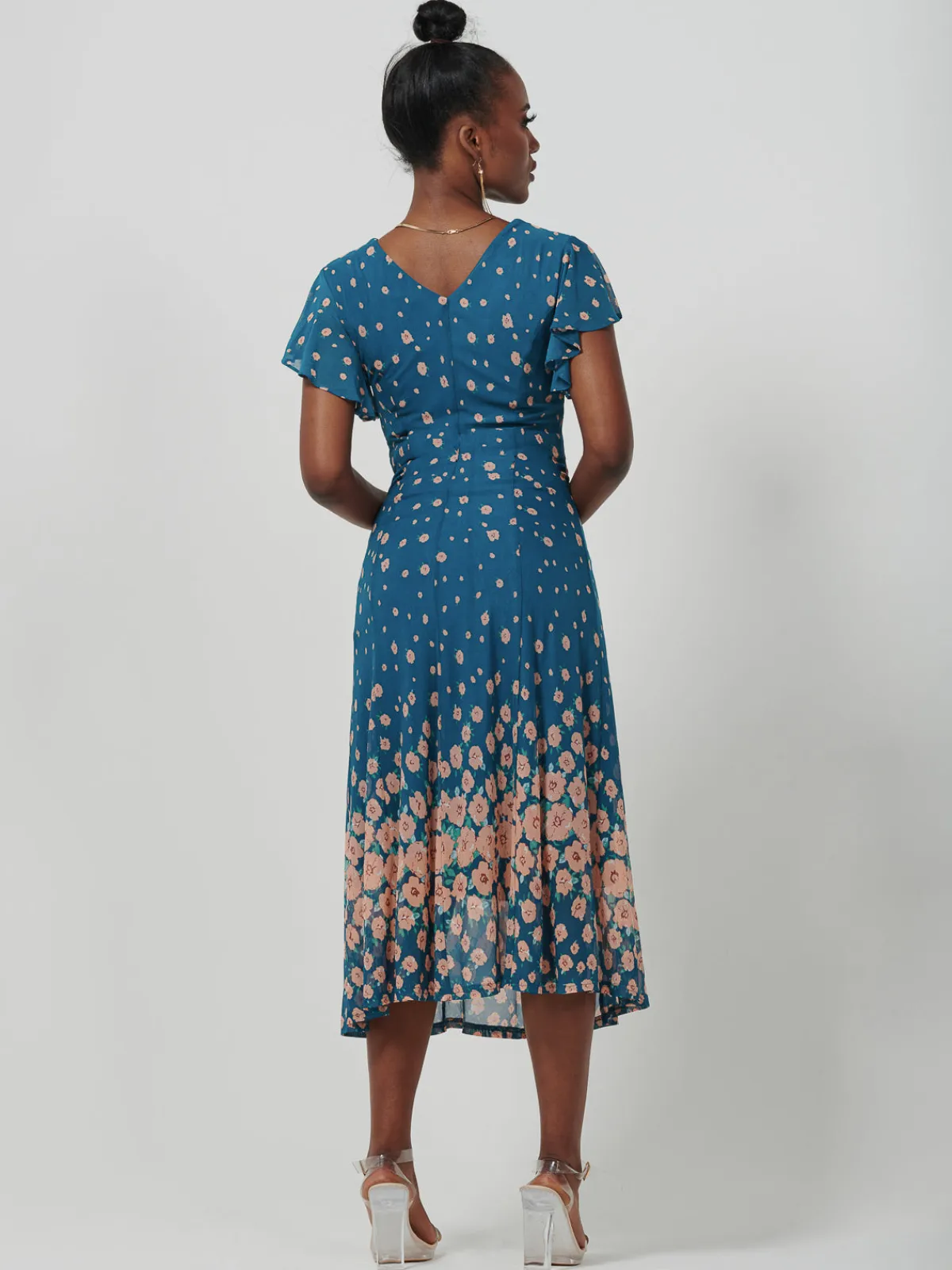 Jolie Moi Occasion Dresses|Mesh Dresses-Mirrored Mesh Fit & Flare Midi Dress, Teal floral