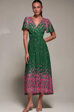 Jolie Moi Occasion Dresses|Floral Dresses-Mirrored Mesh Short Sleeve Midaxi Dress, Green Floral