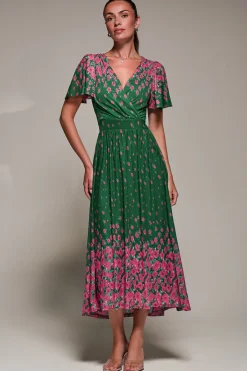 Jolie Moi Occasion Dresses|Floral Dresses-Mirrored Mesh Short Sleeve Midaxi Dress, Green Floral