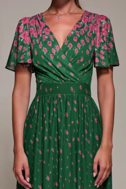 Jolie Moi Occasion Dresses|Floral Dresses-Mirrored Mesh Short Sleeve Midaxi Dress, Green Floral