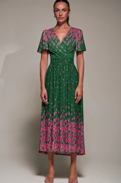 Jolie Moi Occasion Dresses|Floral Dresses-Mirrored Mesh Short Sleeve Midaxi Dress, Green Floral