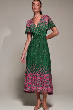 Jolie Moi Occasion Dresses|Floral Dresses-Mirrored Mesh Short Sleeve Midaxi Dress, Green Floral