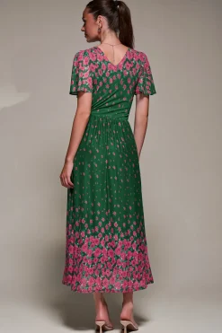Jolie Moi Occasion Dresses|Floral Dresses-Mirrored Mesh Short Sleeve Midaxi Dress, Green Floral