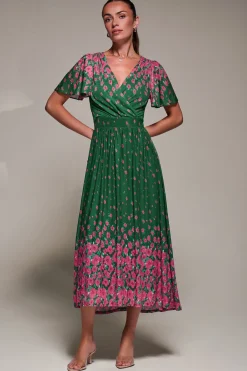 Jolie Moi Occasion Dresses|Floral Dresses-Mirrored Mesh Short Sleeve Midaxi Dress, Green Floral