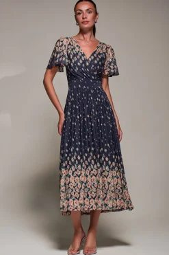 Jolie Moi Occasion Dresses|Floral Dresses-Mirrored Mesh Short Sleeve Midaxi Dress, Navy Floral