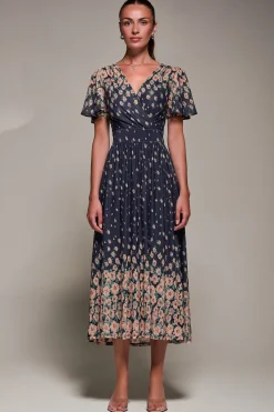 Jolie Moi Occasion Dresses|Floral Dresses-Mirrored Mesh Short Sleeve Midaxi Dress, Navy Floral