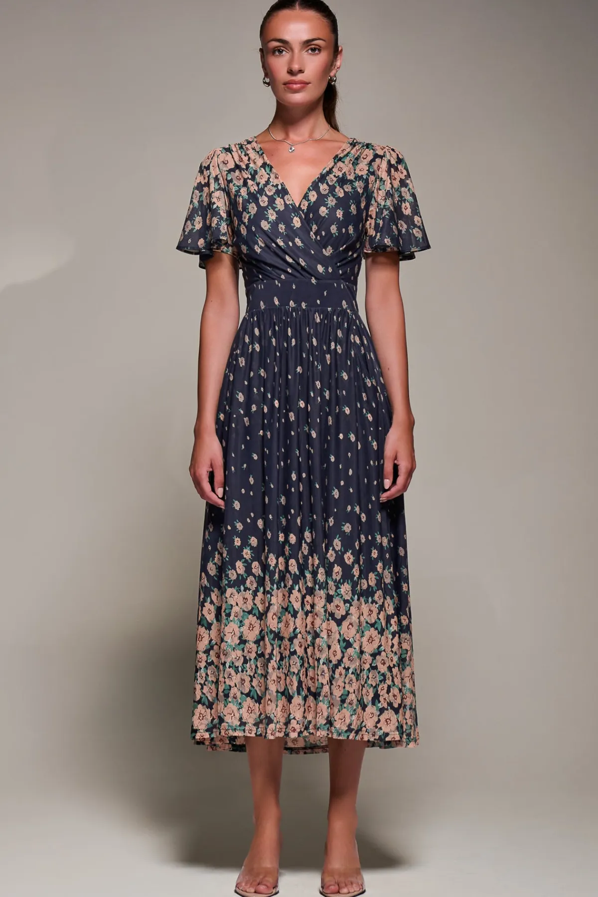 Jolie Moi Occasion Dresses|Floral Dresses-Mirrored Mesh Short Sleeve Midaxi Dress, Navy Floral