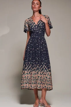 Jolie Moi Occasion Dresses|Floral Dresses-Mirrored Mesh Short Sleeve Midaxi Dress, Navy Floral