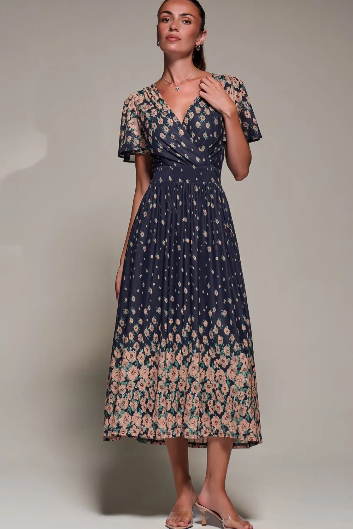 Jolie Moi Occasion Dresses|Floral Dresses-Mirrored Mesh Short Sleeve Midaxi Dress, Navy Floral