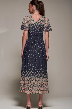 Jolie Moi Occasion Dresses|Floral Dresses-Mirrored Mesh Short Sleeve Midaxi Dress, Navy Floral