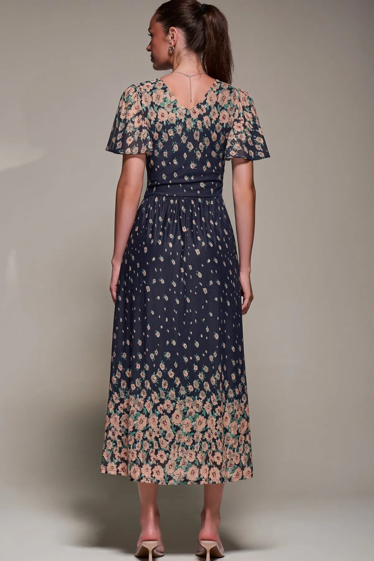 Jolie Moi Occasion Dresses|Floral Dresses-Mirrored Mesh Short Sleeve Midaxi Dress, Navy Floral