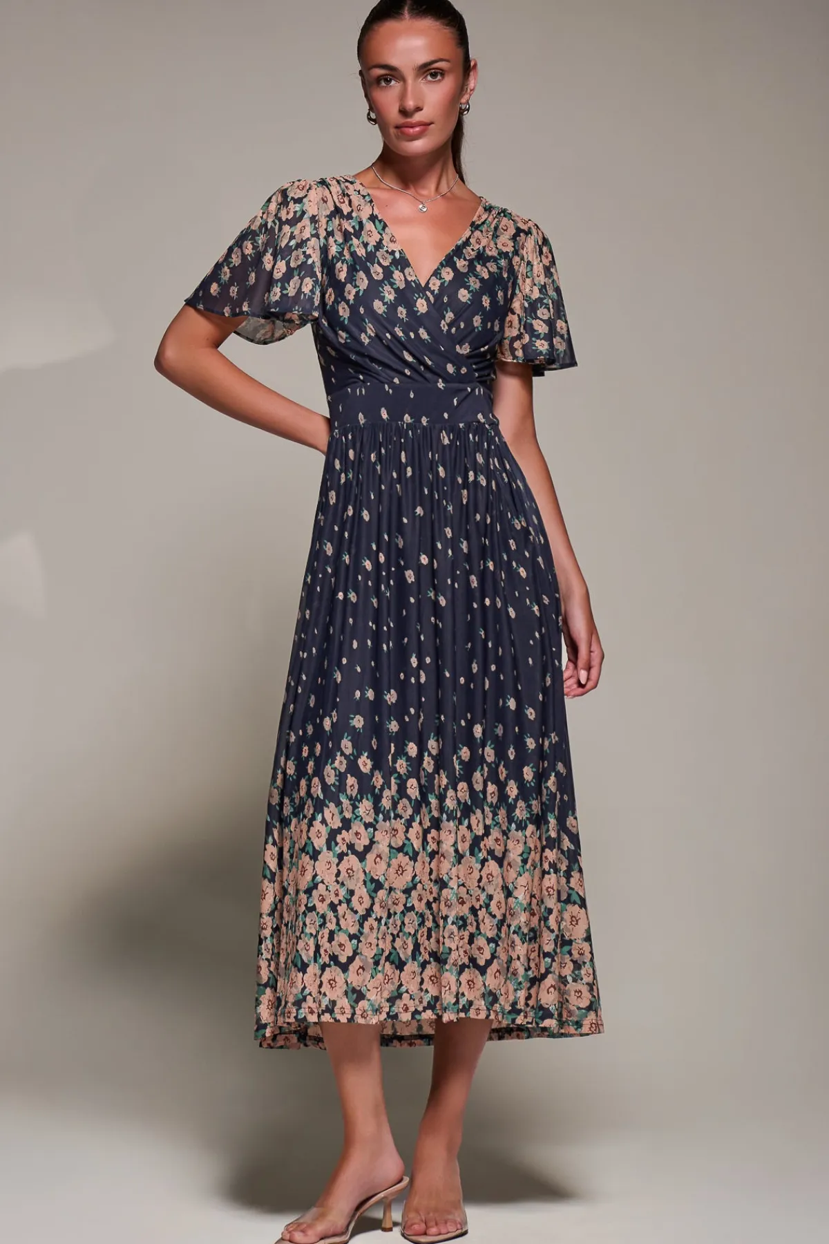 Jolie Moi Occasion Dresses|Floral Dresses-Mirrored Mesh Short Sleeve Midaxi Dress, Navy Floral
