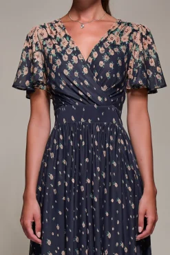 Jolie Moi Occasion Dresses|Floral Dresses-Mirrored Mesh Short Sleeve Midaxi Dress, Navy Floral