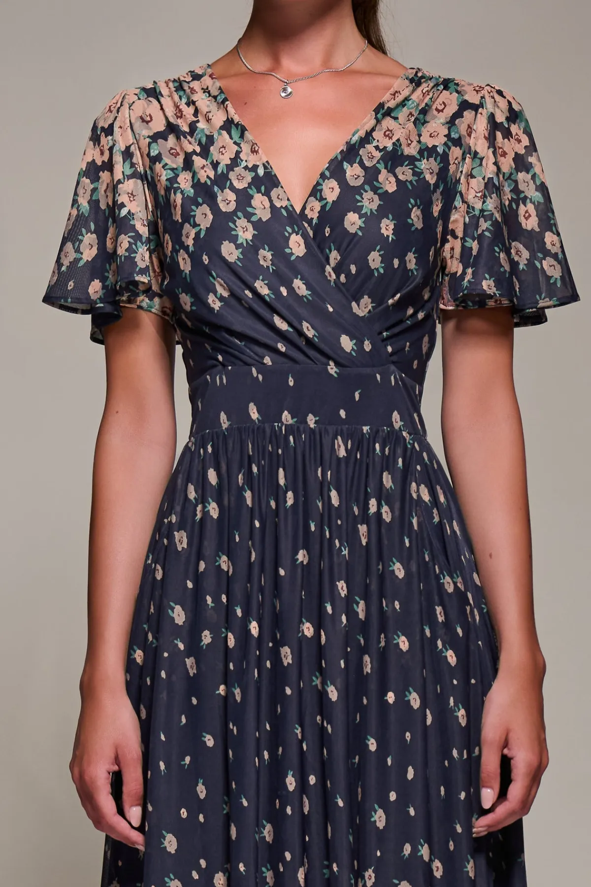 Jolie Moi Occasion Dresses|Floral Dresses-Mirrored Mesh Short Sleeve Midaxi Dress, Navy Floral