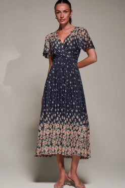 Jolie Moi Occasion Dresses|Floral Dresses-Mirrored Mesh Short Sleeve Midaxi Dress, Navy Floral