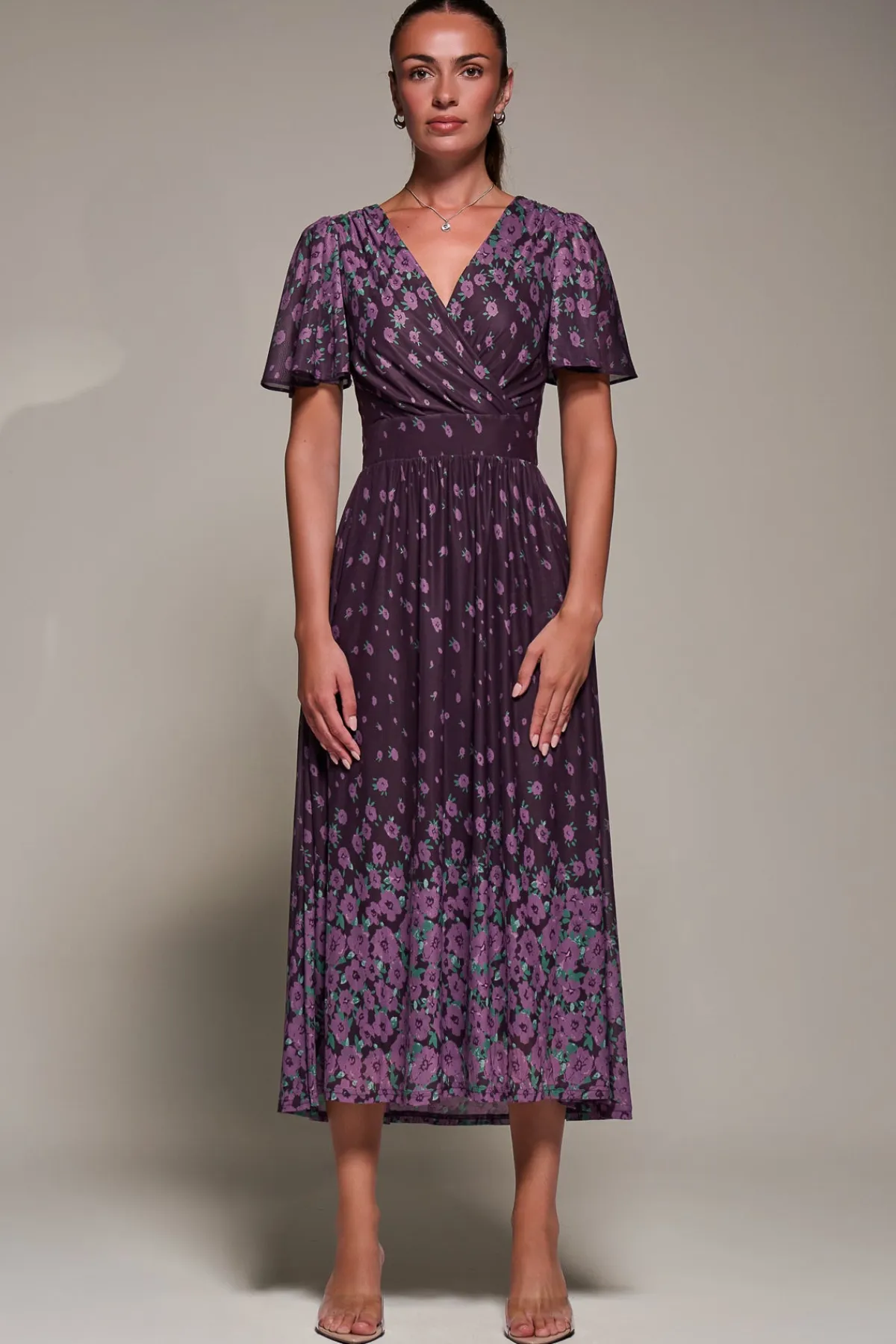 Jolie Moi Occasion Dresses|Floral Dresses- Mirrored Mesh Short Sleeve Midaxi Dress,Purple Floral