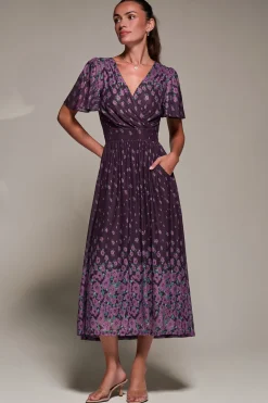 Jolie Moi Occasion Dresses|Floral Dresses- Mirrored Mesh Short Sleeve Midaxi Dress,Purple Floral