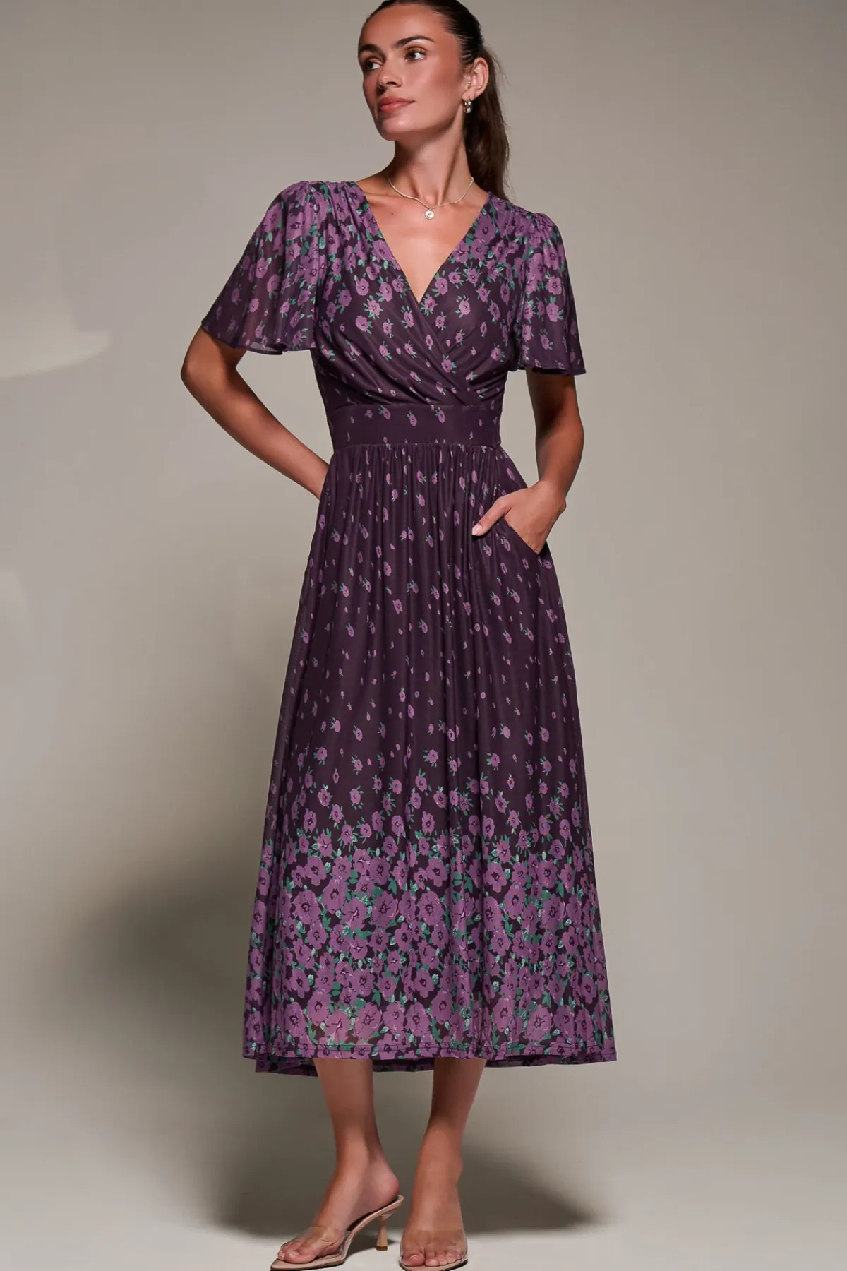 Jolie Moi Occasion Dresses|Floral Dresses- Mirrored Mesh Short Sleeve Midaxi Dress,Purple Floral