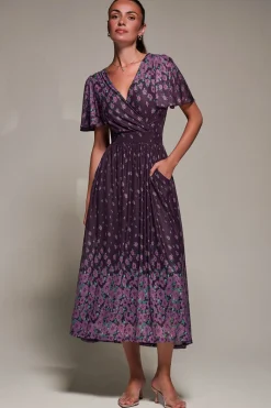 Jolie Moi Occasion Dresses|Floral Dresses- Mirrored Mesh Short Sleeve Midaxi Dress,Purple Floral