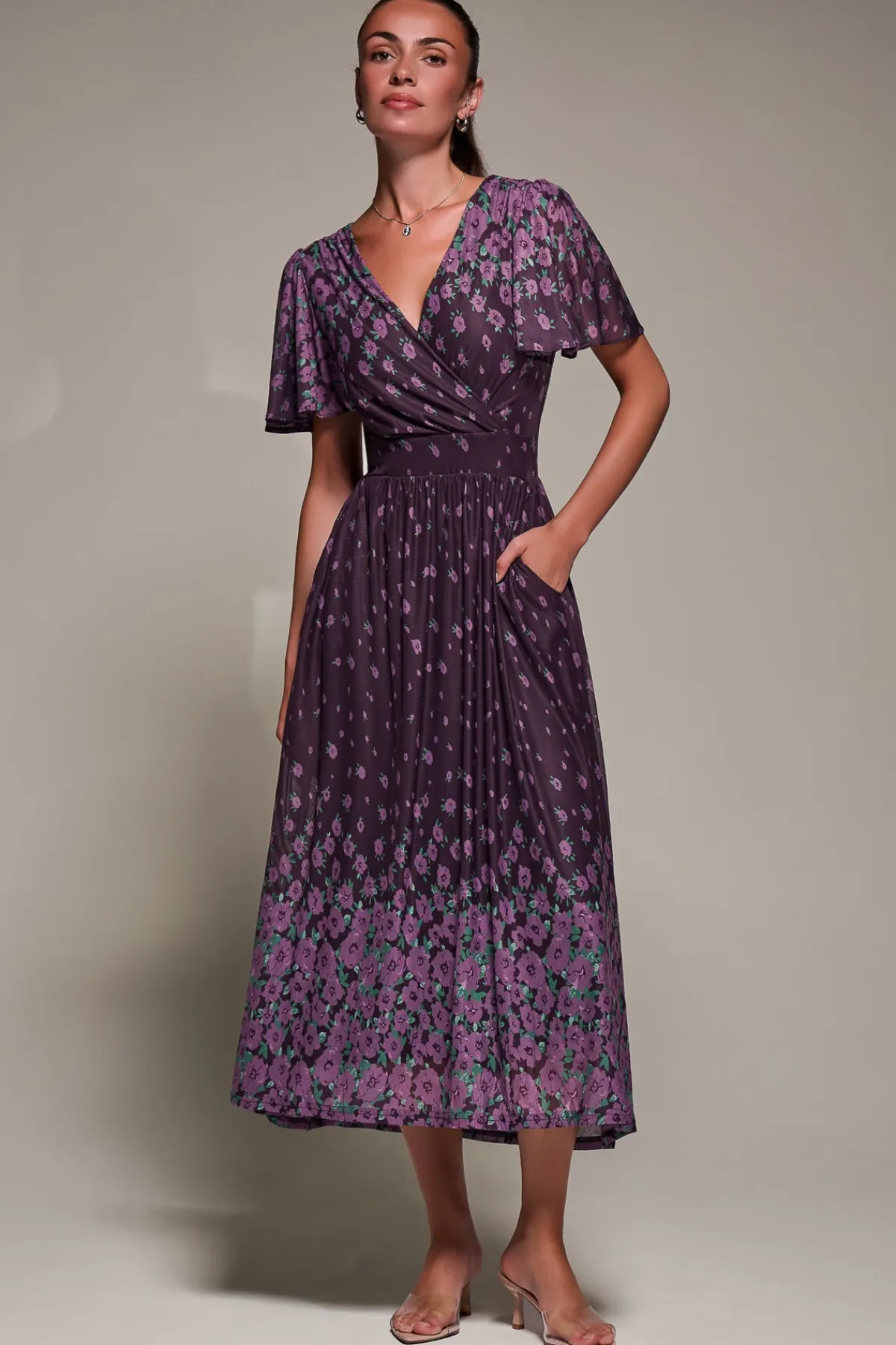Jolie Moi Occasion Dresses|Floral Dresses- Mirrored Mesh Short Sleeve Midaxi Dress,Purple Floral