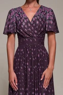 Jolie Moi Occasion Dresses|Floral Dresses- Mirrored Mesh Short Sleeve Midaxi Dress,Purple Floral