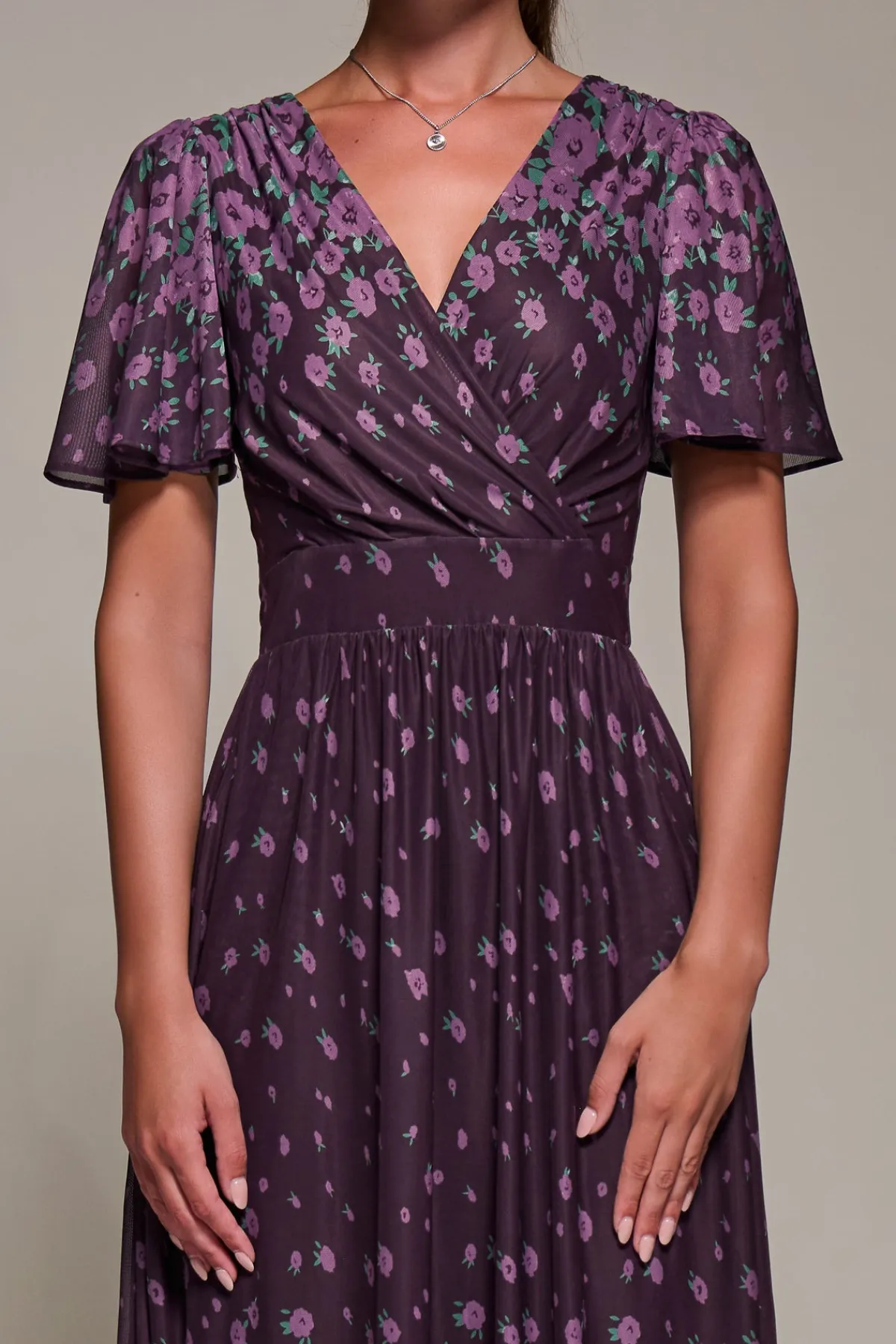 Jolie Moi Occasion Dresses|Floral Dresses- Mirrored Mesh Short Sleeve Midaxi Dress,Purple Floral