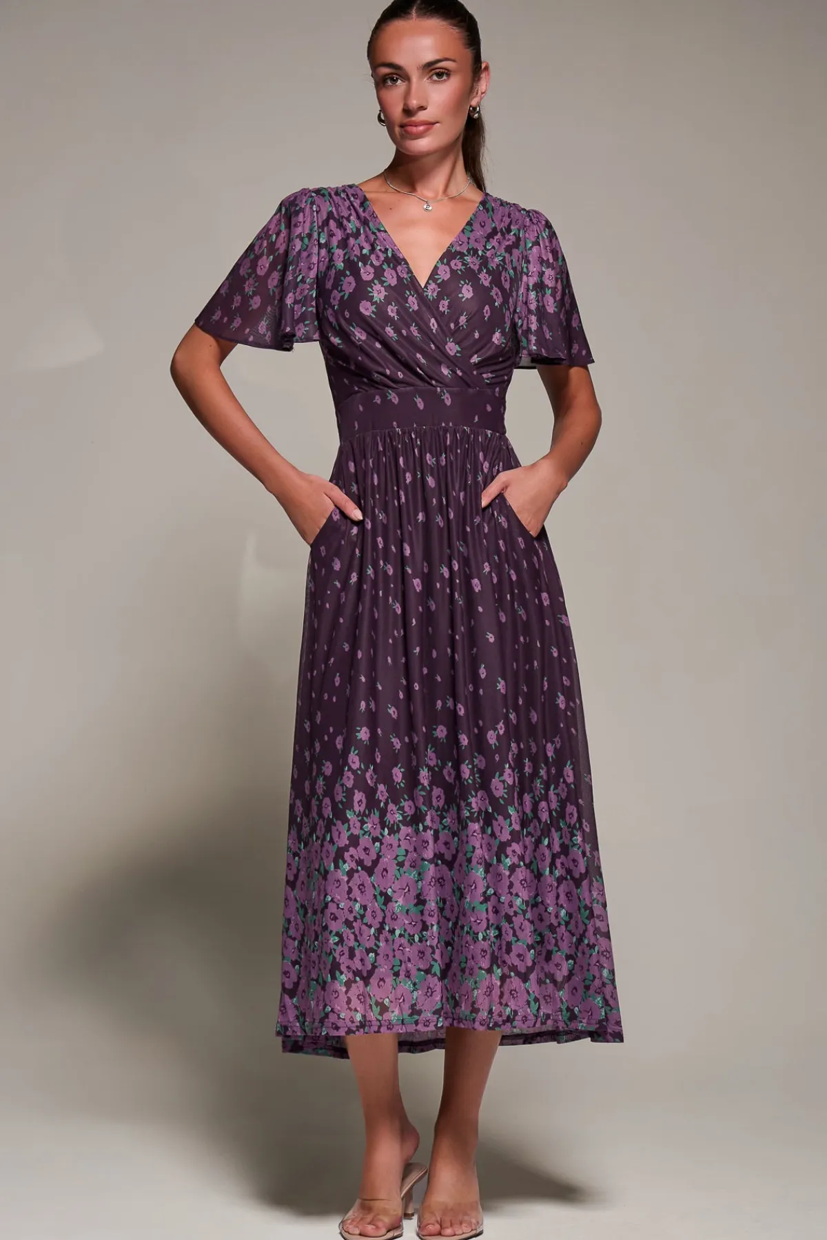 Jolie Moi Occasion Dresses|Floral Dresses- Mirrored Mesh Short Sleeve Midaxi Dress,Purple Floral