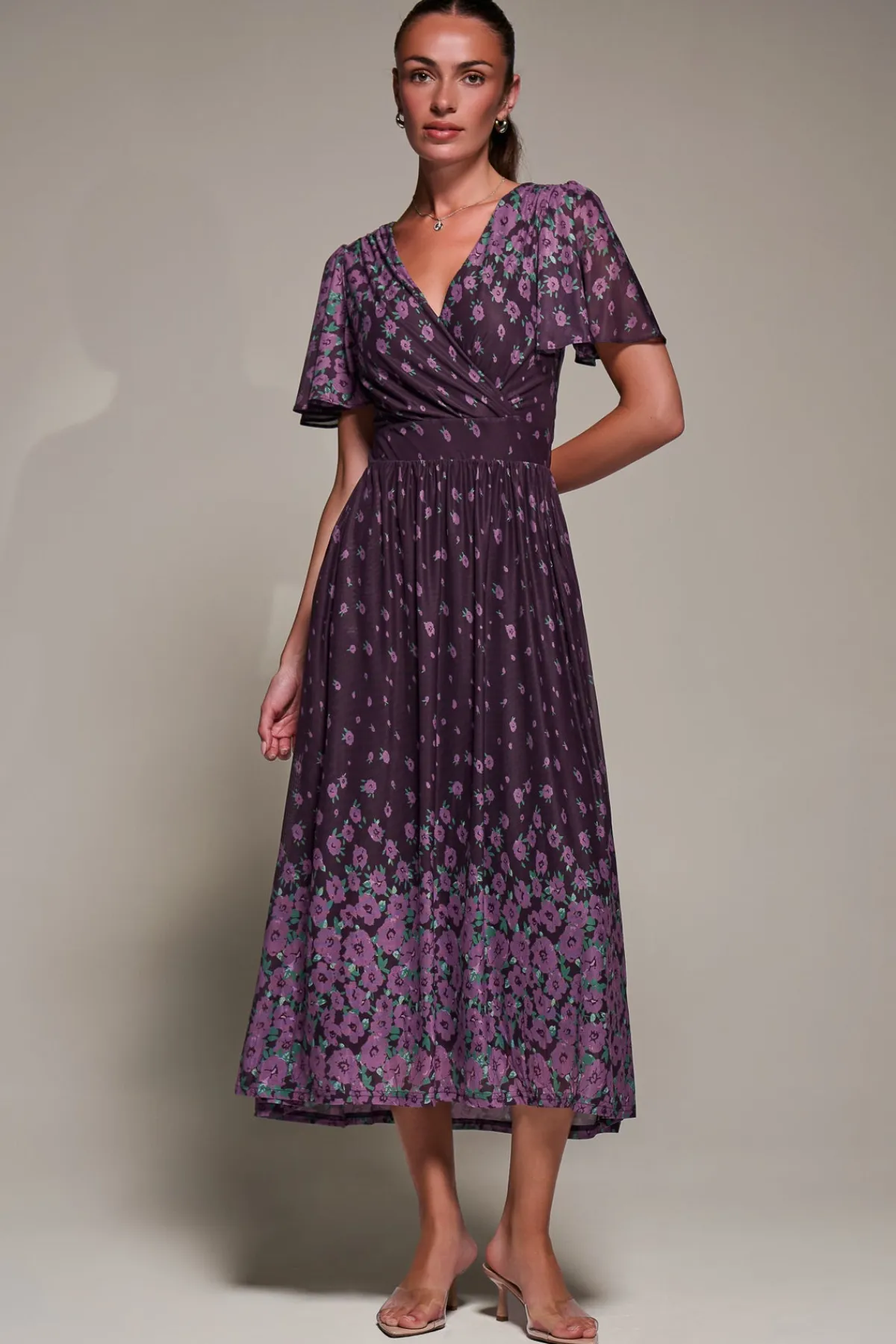 Jolie Moi Occasion Dresses|Floral Dresses- Mirrored Mesh Short Sleeve Midaxi Dress,Purple Floral