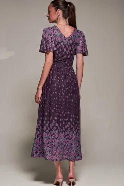 Jolie Moi Occasion Dresses|Floral Dresses- Mirrored Mesh Short Sleeve Midaxi Dress,Purple Floral