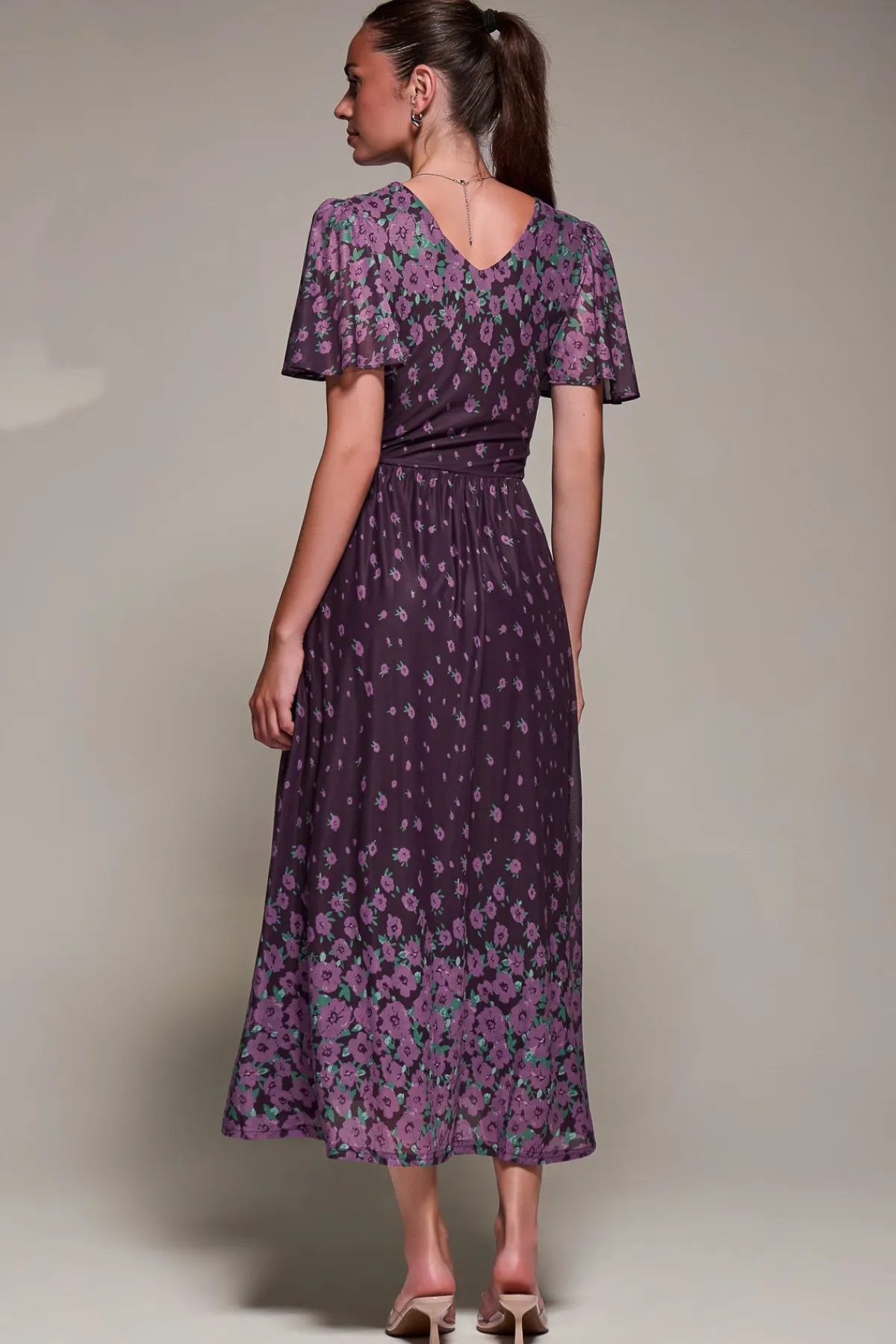 Jolie Moi Occasion Dresses|Floral Dresses- Mirrored Mesh Short Sleeve Midaxi Dress,Purple Floral