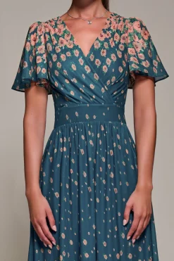 Jolie Moi Occasion Dresses|Floral Dresses-Mirrored Mesh Short Sleeve Midaxi Dress, Teal Floral