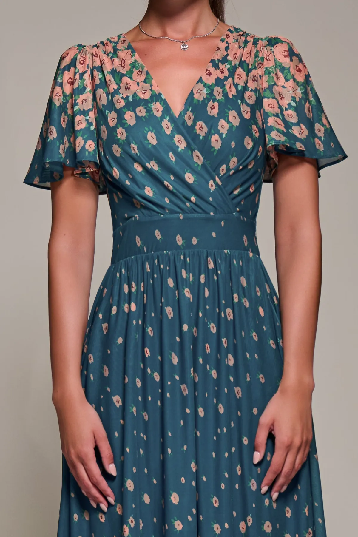 Jolie Moi Occasion Dresses|Floral Dresses-Mirrored Mesh Short Sleeve Midaxi Dress, Teal Floral