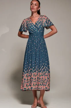 Jolie Moi Occasion Dresses|Floral Dresses-Mirrored Mesh Short Sleeve Midaxi Dress, Teal Floral