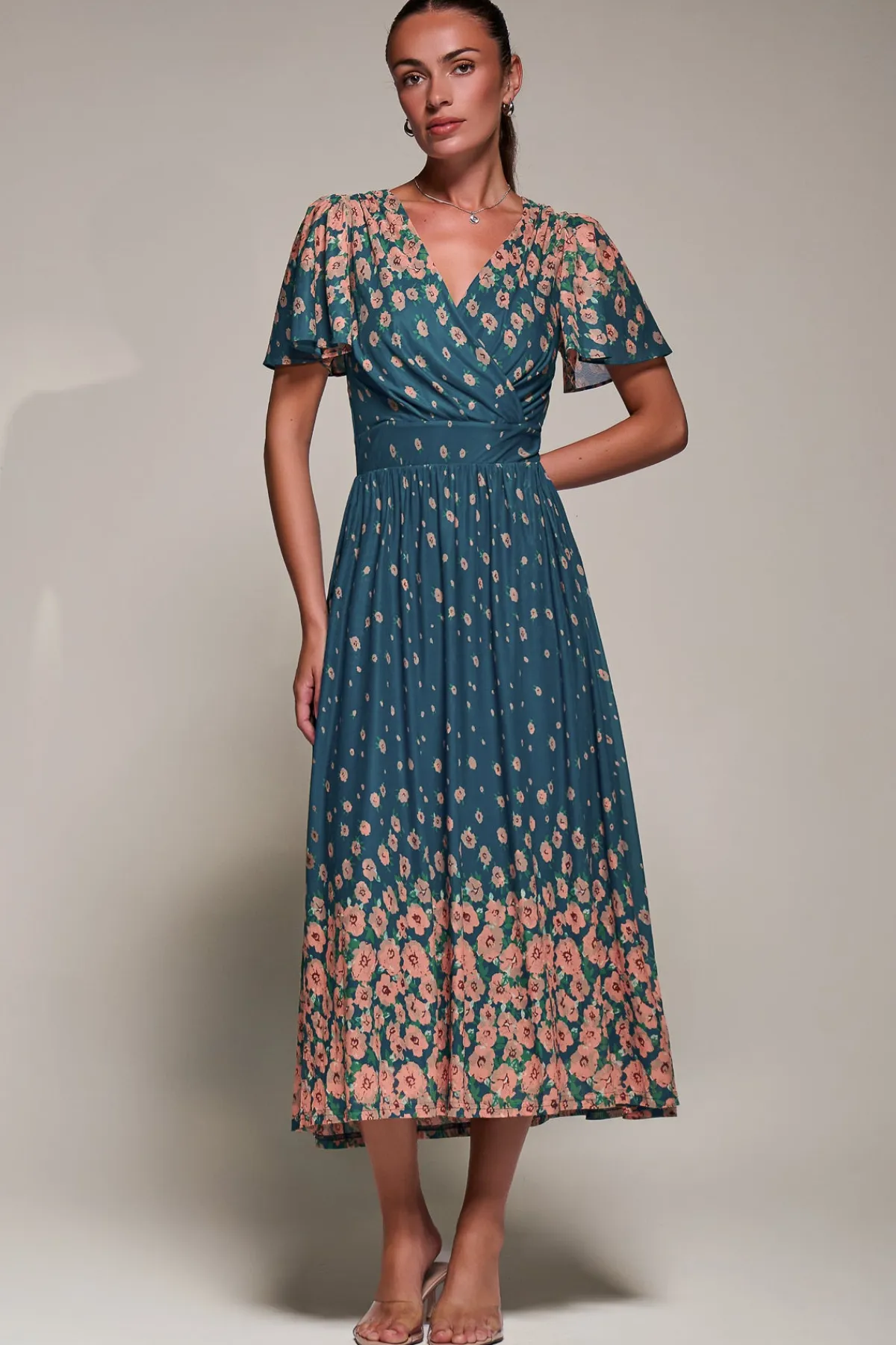 Jolie Moi Occasion Dresses|Floral Dresses-Mirrored Mesh Short Sleeve Midaxi Dress, Teal Floral