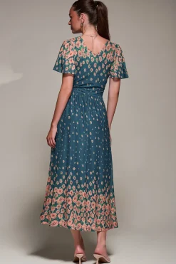 Jolie Moi Occasion Dresses|Floral Dresses-Mirrored Mesh Short Sleeve Midaxi Dress, Teal Floral