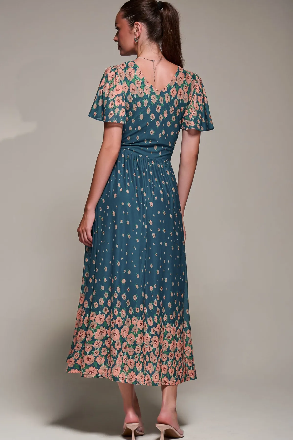 Jolie Moi Occasion Dresses|Floral Dresses-Mirrored Mesh Short Sleeve Midaxi Dress, Teal Floral