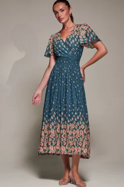 Jolie Moi Occasion Dresses|Floral Dresses-Mirrored Mesh Short Sleeve Midaxi Dress, Teal Floral