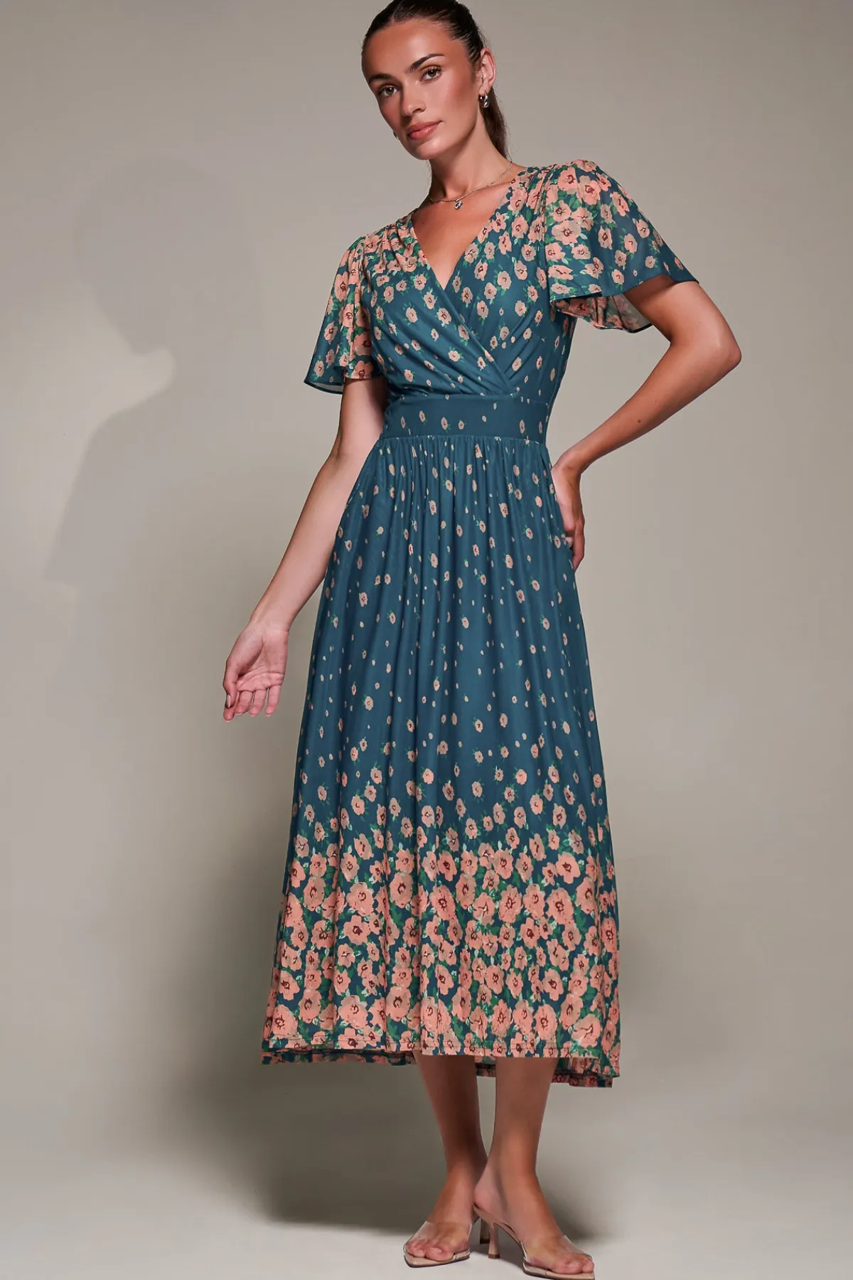 Jolie Moi Occasion Dresses|Floral Dresses-Mirrored Mesh Short Sleeve Midaxi Dress, Teal Floral