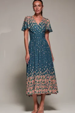 Jolie Moi Occasion Dresses|Floral Dresses-Mirrored Mesh Short Sleeve Midaxi Dress, Teal Floral